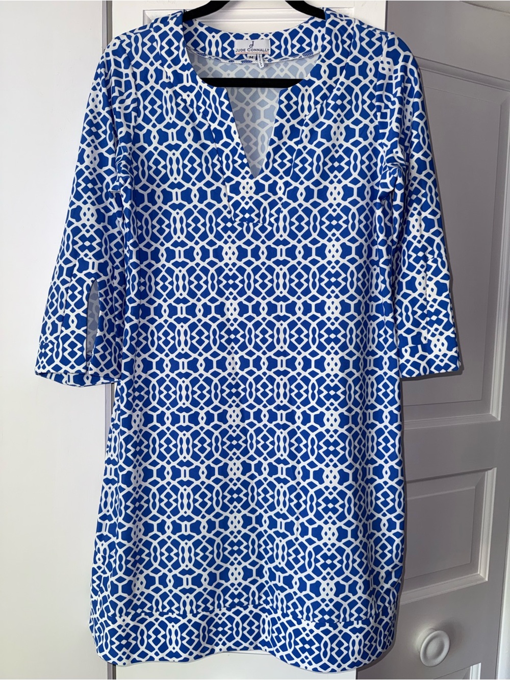 Jude Connally Blue White Geometric Print Tunic Dress Medium Made USA